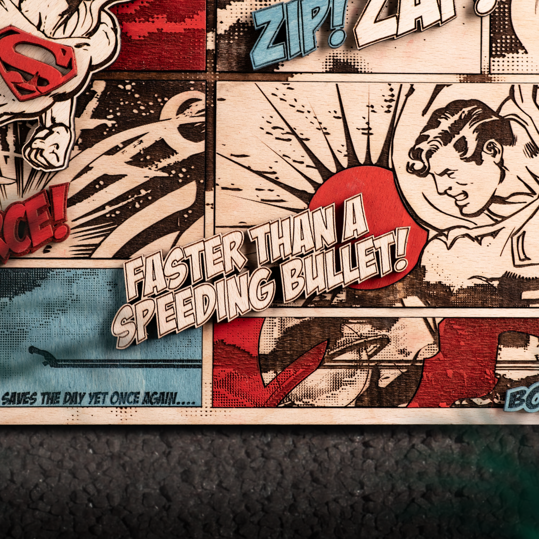 Superman poster Handcrafted from natural wood: skillfully crafted using laser cutting techniques.