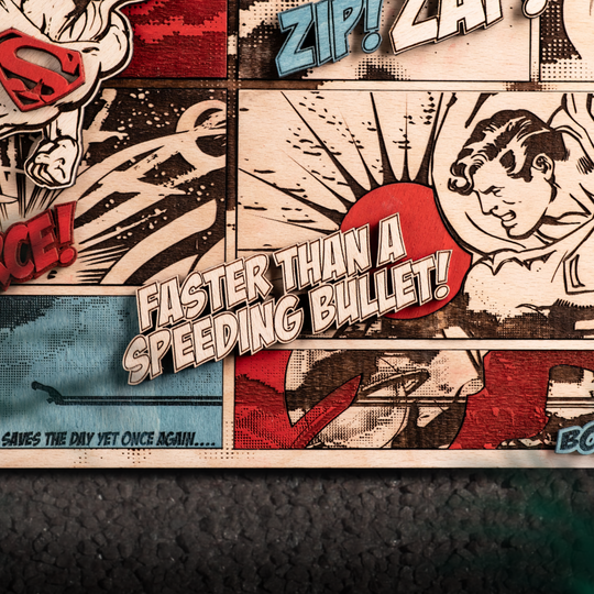 Superman poster Handcrafted from natural wood: skillfully crafted using laser cutting techniques.