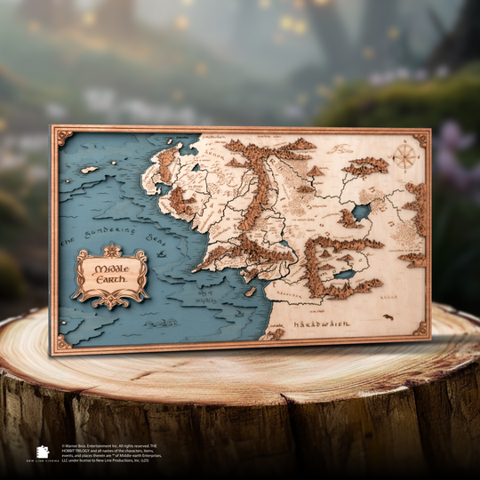 Handmade wooden map showing locations from LOTR and The Hobbit