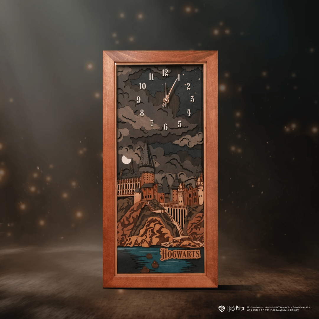 Magical Hogwarts night scene laser-cut in wood
