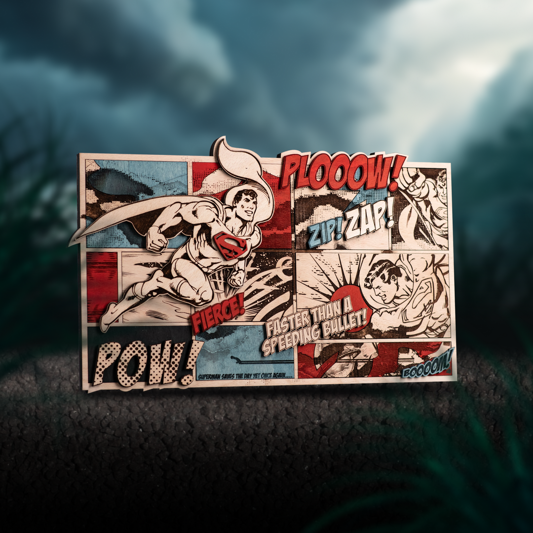 Superman poster Handcrafted from natural wood: skillfully crafted using laser cutting techniques.