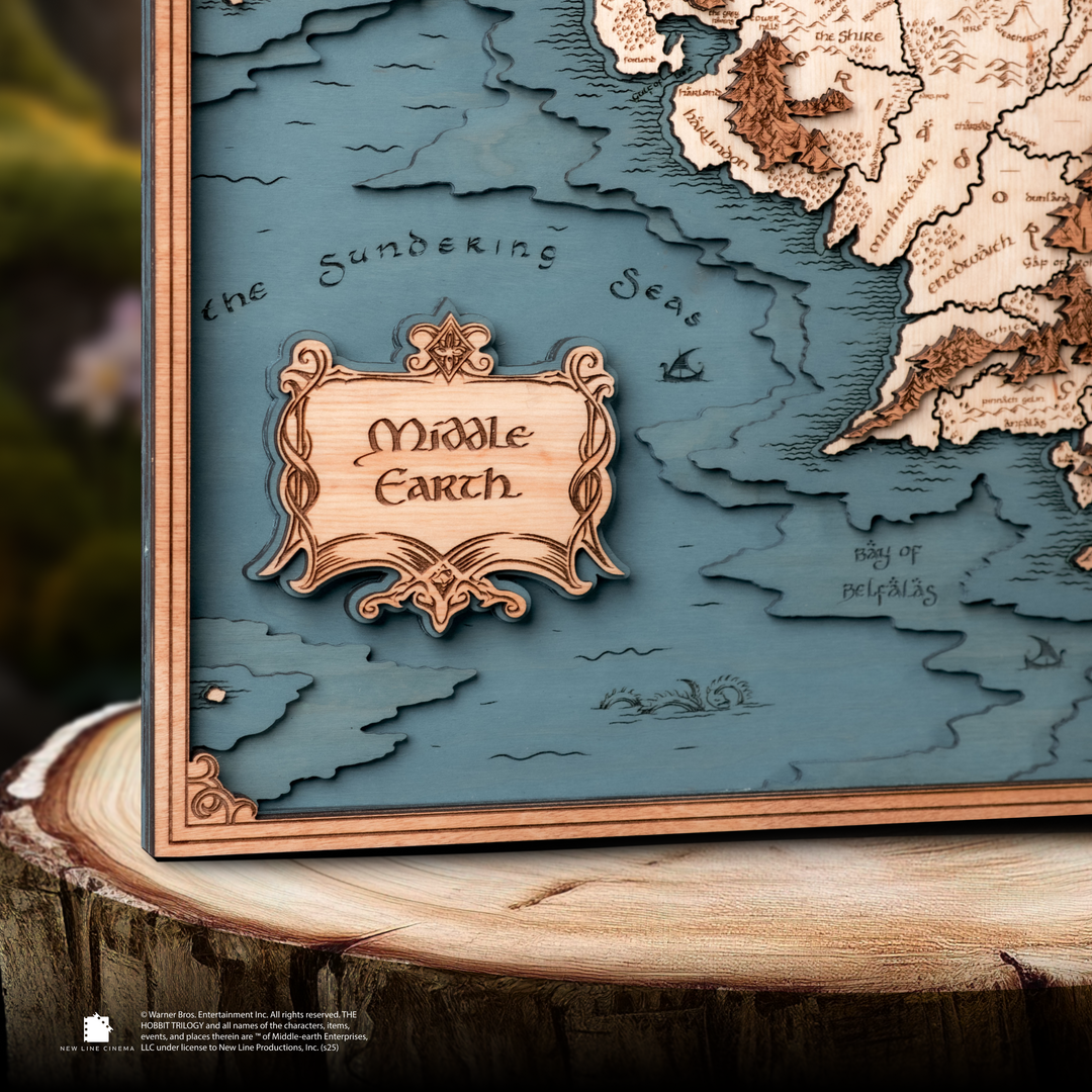 Close-up of laser-etched locations on the Middle Earth map