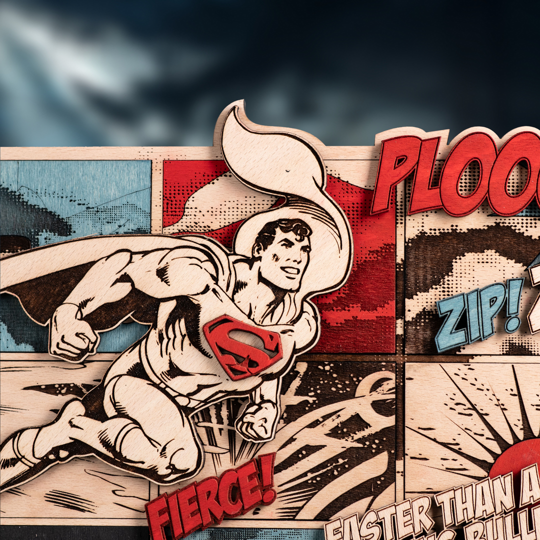 Highly detailed design showcasing iconic moments of your favorite DC Super Hero.