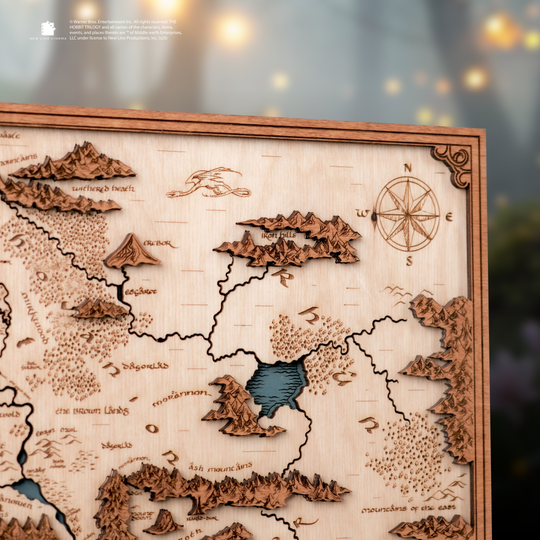 Natural wood wall decor featuring LOTR landmarks