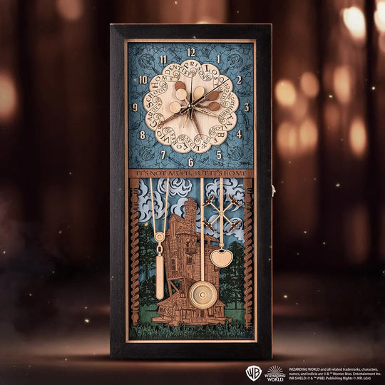 Front view of the Weasley Family™ Clock – a magical Harry Potter-themed wooden housewarming gift