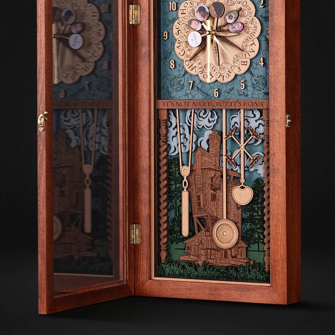 Rich wood texture visible in the handcrafted frame of Magical Harry Potter clock – sustainable and elegant 