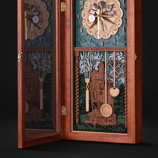 Rich wood texture visible in the handcrafted frame of Magical Harry Potter clock – sustainable and elegant 
